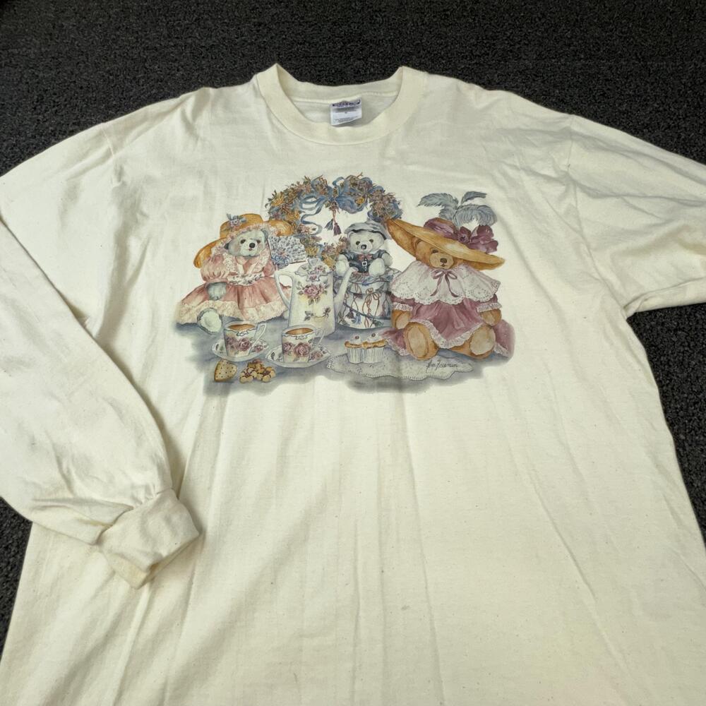Vtg Teddy Bear Shirt Mens XL White Teddy Bears Tea Graphic Crew Neck Long Sleeve